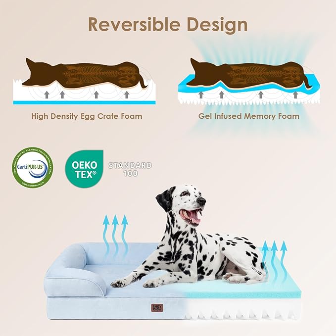 EHEYCIGA Orthopedic Dog Bed for Large Dogs, Waterproof Memory Foam with Sides, Non-Slip Bottom and Egg-Crate Foam Couch Bed with Washable Removable Cover, Light Blue EHEYCIGA