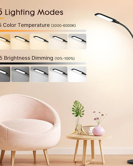 Syrinx LED Floor Lamp, 12W Remote & Touch LED Reading Standing Light for Living Room Bedroom, Flexible Gooseneck Task Light, 5 Color Temperatures, 5 Level Brightness - Black - LeafyLoom
