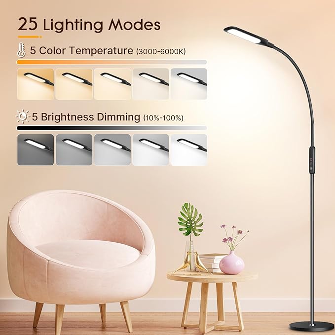 Syrinx LED Floor Lamp, 12W Remote & Touch LED Reading Standing Light for Living Room Bedroom, Flexible Gooseneck Task Light, 5 Color Temperatures, 5 Level Brightness - Black - LeafyLoom