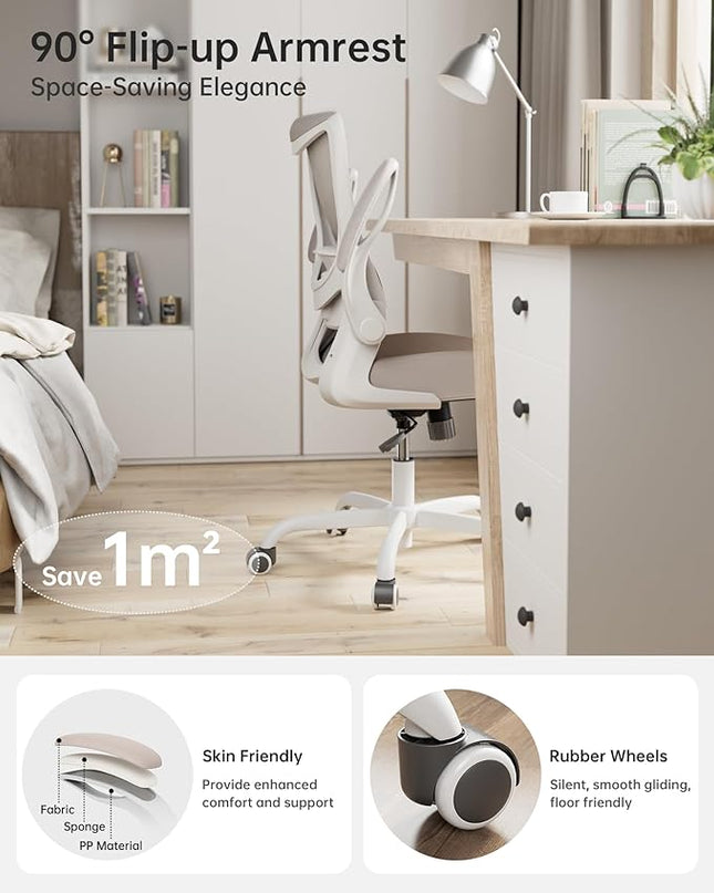 Office Chair, Ergonomic Desk Chair with Adjustable Lumbar Support and Flip up Armrest, Breathable Mesh Computer Chair for Home Office, Khaki - LeafyLoom