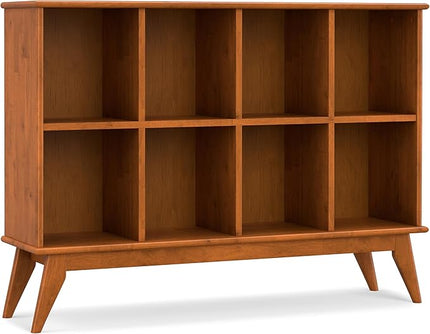 SIMPLIHOME Draper SOLID HARDWOOD 57 inch Wide Mid Century Modern 8 Cube Storage Sofa Table in Teak Brown for The Living Room, Study Room and Office - LeafyLoom