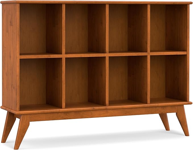 SIMPLIHOME Draper SOLID HARDWOOD 57 inch Wide Mid Century Modern 8 Cube Storage Sofa Table in Teak Brown for The Living Room, Study Room and Office - LeafyLoom