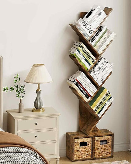 Vagusicc 6 Tier Tree Bookshelf - Retro Shelf Floor Standing Bookcase with Baskets, Tall Wood Book Storage Rack for Books/CDs, Tree Utility Book Organizer Shelves for Living Room, Home Office, Bedroom - LeafyLoom