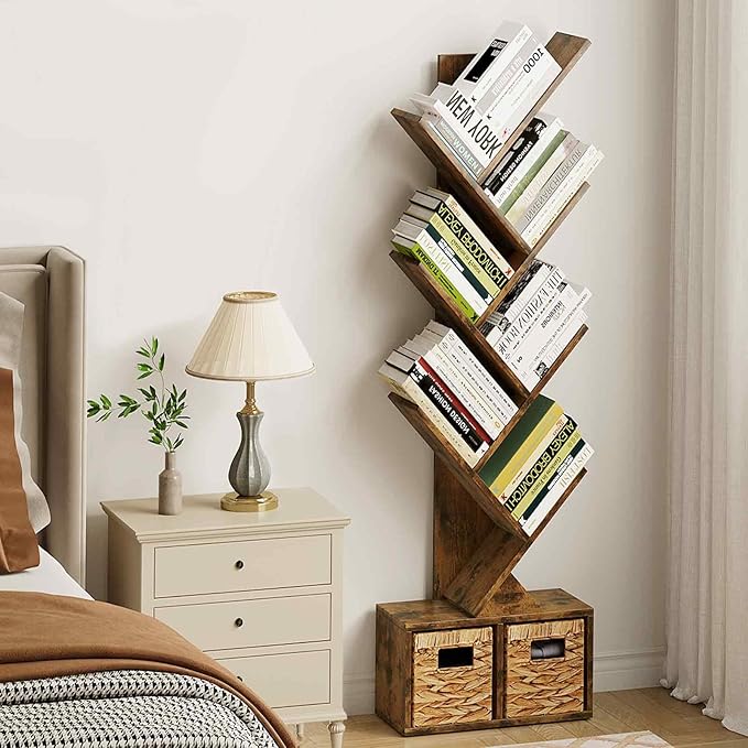 Vagusicc 6 Tier Tree Bookshelf - Retro Shelf Floor Standing Bookcase with Baskets, Tall Wood Book Storage Rack for Books/CDs, Tree Utility Book Organizer Shelves for Living Room, Home Office, Bedroom - LeafyLoom