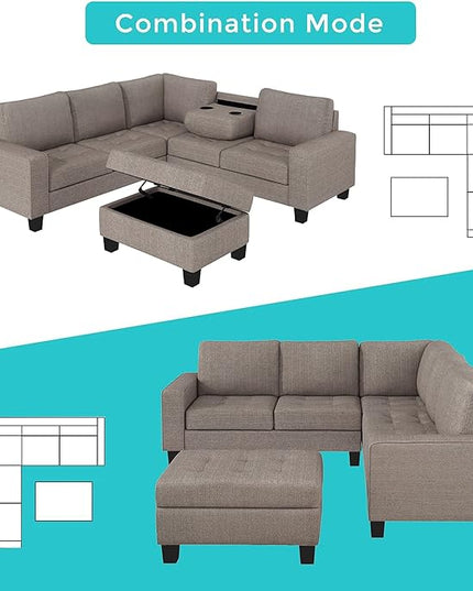 Sectional Couch Modular 5 Seater, Combination Corner, Linen L-Shaped Sofa, Saving Design with Storage Footrest and Cup Holder, for Large Space Dormitory Apartments, Brown - LeafyLoom