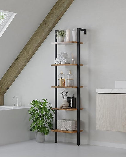 YMYNY 5 Tiers Ladder Bookcase, Industrial Wall Mounted Bookshelf, Open Display Rack with Metal Frame, Wooden Storage Shelves for Bedroom, Home Office, Plant Stand, Rustic Brown, 70*17.3*11.8"UHBC015H - LeafyLoom
