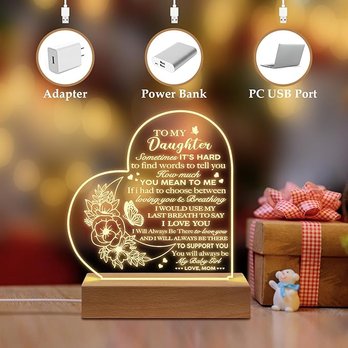 Daughter Birthday Gifts from Mom and Dad, to My Daughter Acrylic Engraved Night Light with Base for Daughter Wedding Valentines Graduation Birthday Christmas Gifts - LeafyLoom