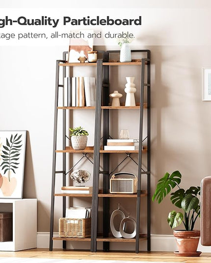 HOOBRO Bookcase, 5-Tier Narrow Bookshelf, Industrial Ladder Shelf, Skinny Bookshelf for Small Spaces, Corner Storage Shelf for Home Office, Living Room, Rustic Brown and Black BF35SJ01 - LeafyLoom