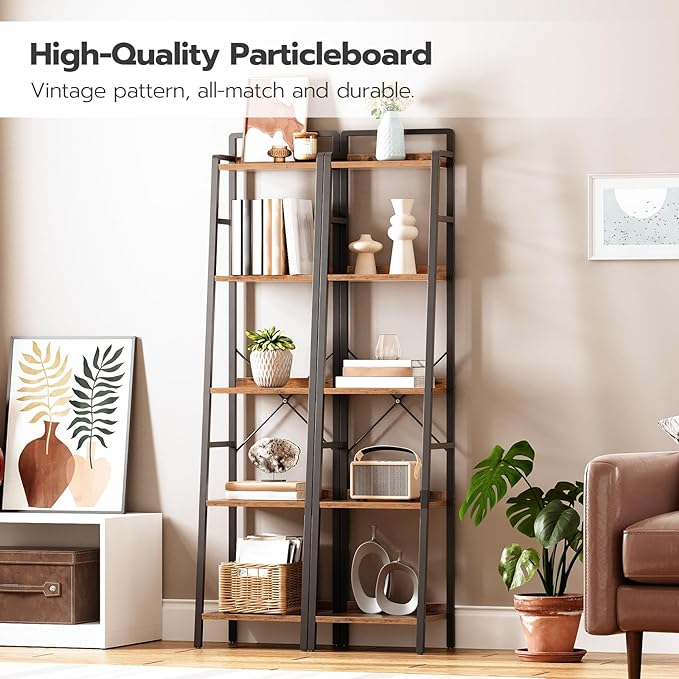 HOOBRO Bookcase, 5-Tier Narrow Bookshelf, Industrial Ladder Shelf, Skinny Bookshelf for Small Spaces, Corner Storage Shelf for Home Office, Living Room, Rustic Brown and Black BF35SJ01 - LeafyLoom