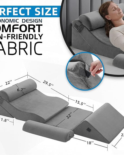 Axelrod 6PCS Orthopedic Bed Wedge Pillow Set, Post Surgery Foam for Back, Neck & Leg Pain Relief Comfortable & Adjustable Ortho Pillows- Anti Snoring, Heartburn, Acid Reflux & GERD Sleeping Light Grey - LeafyLoom