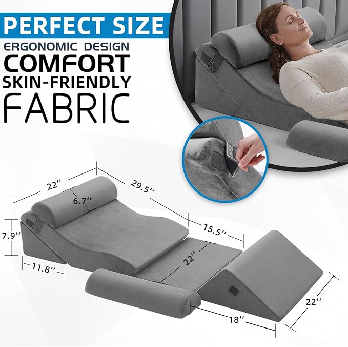 Axelrod 6PCS Orthopedic Bed Wedge Pillow Set, Post Surgery Foam for Back, Neck & Leg Pain Relief Comfortable & Adjustable Ortho Pillows- Anti Snoring, Heartburn, Acid Reflux & GERD Sleeping Light Grey - LeafyLoom