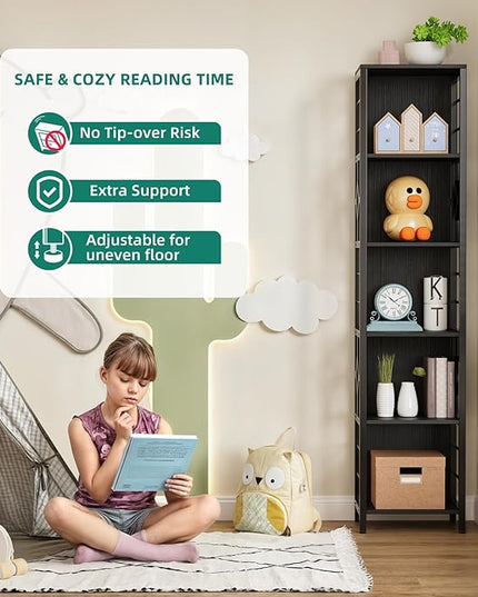 YITAHOME Narrow Bookshelf, 5-Tier Industrial Book Shelf Storage Rack, Display Shelves Stand Etagere for Small Spaces, Open Bookcase for Bedroom Living Room Bathroom Kitchen, Black - LeafyLoom