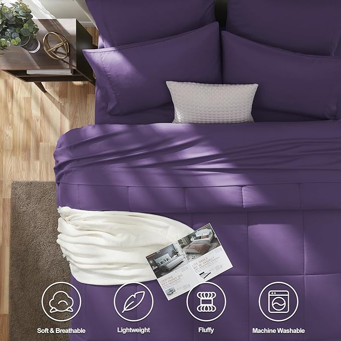 CozyLux Queen Size Comforter Set - 7 Pieces Bed in a Bag Set Purple, Bedding Sets Queen with All Season Quilted Comforter, Flat Sheet, Fitted Sheet, Pillowcases, Purple, Queen - LeafyLoom