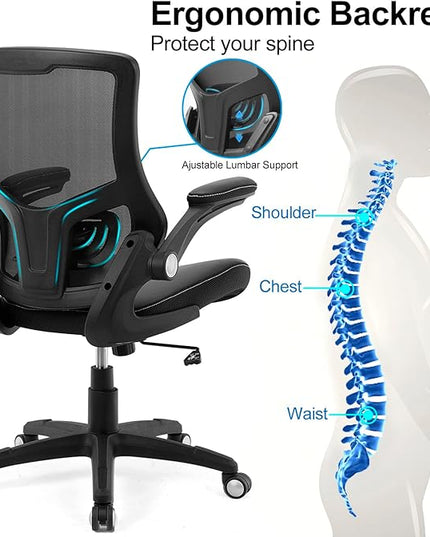 Office Chair Ergonomic Desk Chair, Computer PU Leather Home Office Chair, Swivel Mesh Back Adjustable Lumbar Support Flip-up Arms Executive Task Chair - LeafyLoom