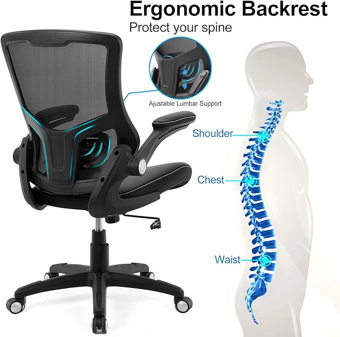 Office Chair Ergonomic Desk Chair, Computer PU Leather Home Office Chair, Swivel Mesh Back Adjustable Lumbar Support Flip-up Arms Executive Task Chair - LeafyLoom