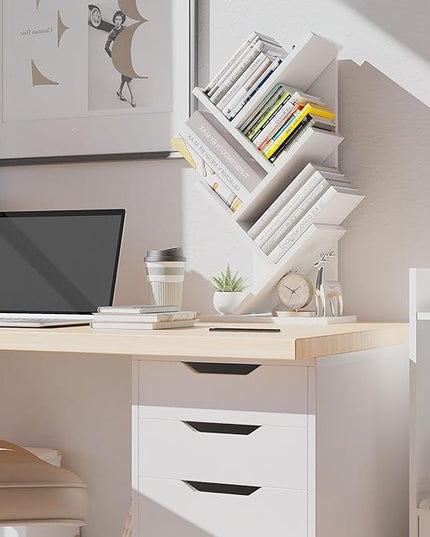 YMYNY 4 Tier Tree Bookshelf, Small Bookcase, Modern Wood Book Storage Rack, Freestanding Book shelf for Books/Movies/CDs, Narrow Display Rack for Living Room, Home Office, White UHBC014W - LeafyLoom