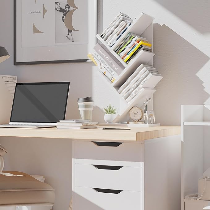 YMYNY 4 Tier Tree Bookshelf, Small Bookcase, Modern Wood Book Storage Rack, Freestanding Book shelf for Books/Movies/CDs, Narrow Display Rack for Living Room, Home Office, White UHBC014W - LeafyLoom