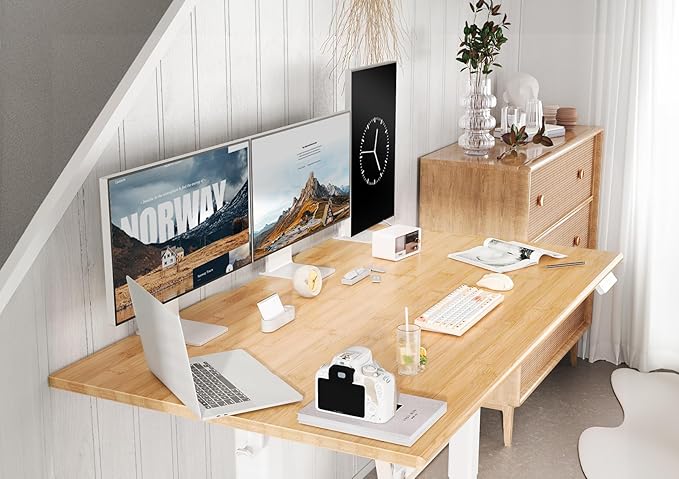 Bamboo Electric Standing Desk, 55x24 Inches Adjustable Height Stand up Desk with Whole Piece Desktop, Sit Stand Home Office Desk White Frame/Bamboo Top - LeafyLoom
