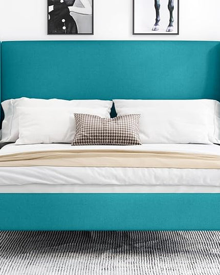 Allewie Full Size Bed Frame, Platform Bed Frame with Upholstered Headboard, Modern Deluxe Wingback, Wood Slat Support, Mattress Foundation, Peacock Green - LeafyLoom
