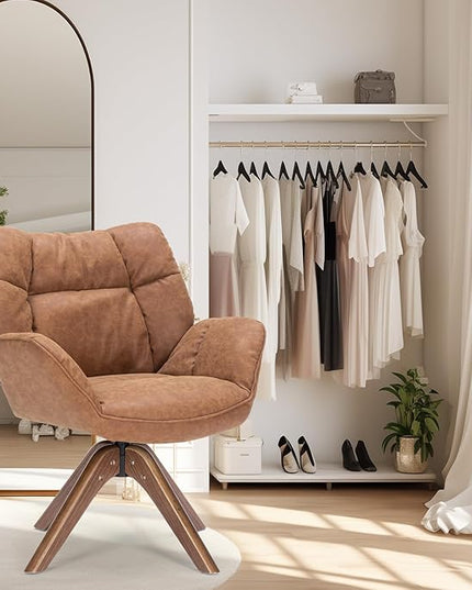 Faux Leather Accent Chair, Modern Cozy Vanity Chair with Wood Legs, Upholstered Single PU Leather Boucle Armchair for Living Room Bedroom Office Guest Room (Brown) - LeafyLoom