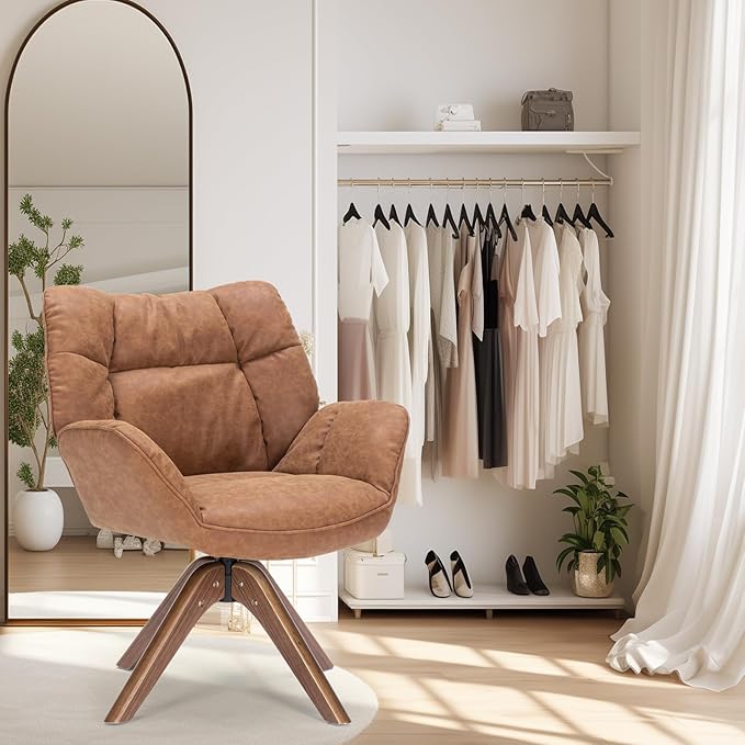 Faux Leather Accent Chair, Modern Cozy Vanity Chair with Wood Legs, Upholstered Single PU Leather Boucle Armchair for Living Room Bedroom Office Guest Room (Brown) - LeafyLoom