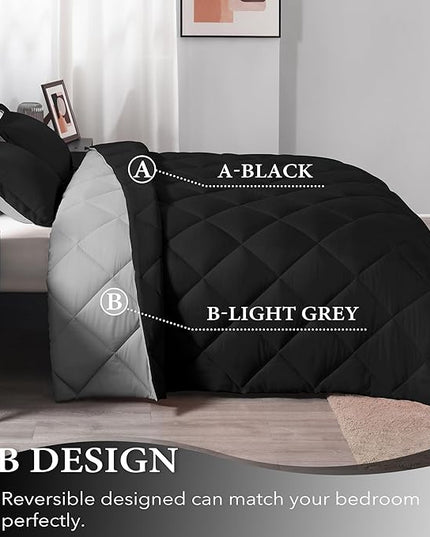 downluxe King Size Comforter Set - Black and Grey King Comforter, Soft Bedding Sets for All Seasons -3 Pieces - 1 Comforter (104"x92") and 2 Pillow Shams(20"x36") - LeafyLoom