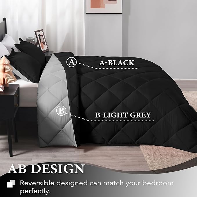 downluxe Full Size Comforter Set - Black and Grey Full Comforter - Soft Bedding Sets for All Seasons -3- Piece Comforter Set Full with 2 Reversible Pillow Shams - LeafyLoom