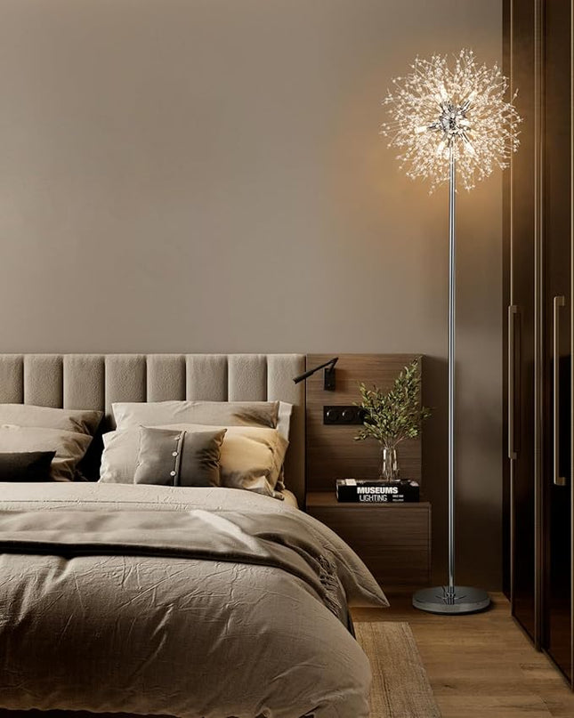 Modern Crystal Floor Lamp (9-Light, 70-Inch, Chrome), Standing Lamp with Footswitch, LED Floor Lamp for Living Room, Girls Room, Bedroom, Dresser, Office (Bulbs NOT Included) - LeafyLoom