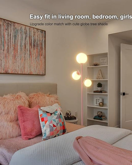 3 Globe Mid Modern Floor Lamp with Orb Frosted Glass Globe and 3000K Warm Light LED Bulbs, Cute Standing Tree Lamp for Living Room, Bedroom, Home & Office - Pink - LeafyLoom