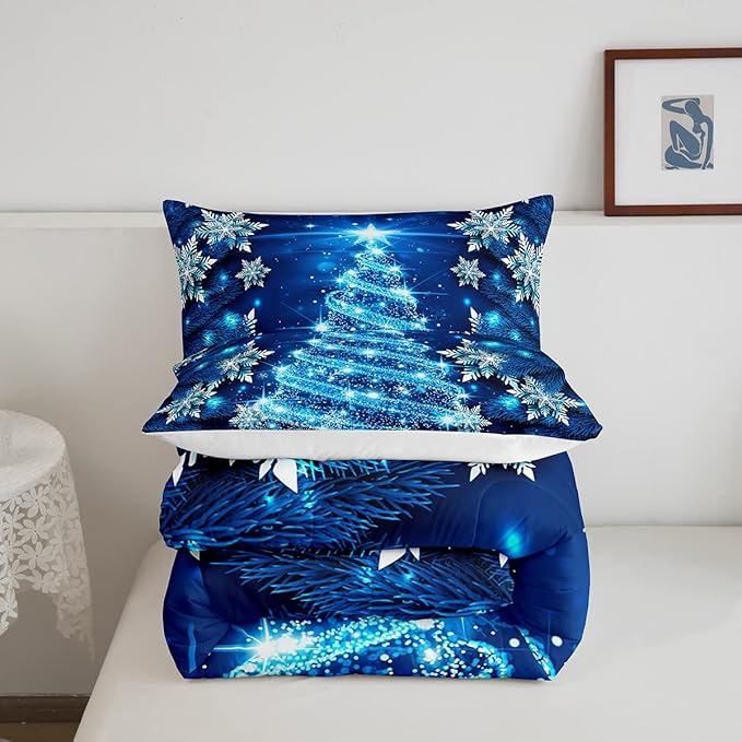 Feelyou Girls Christmas Tree Comforter Set Blue Xmas Theme Comforter Queen Chic Winter Snowflake Bedding Set for Girls Daughter Bedroom Decor Soft Girly Glitter Quilted Duvet Winter Warm Bedding - LeafyLoom