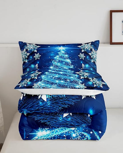 Feelyou Christmas Tree Comforter Set King Xmas Snowflake Comforter for Girls Women Daughter New Year Room Decor Blue Glitter Merry Christmas Bedding Set Winter Warm Soft Quilted Duvet Boys - LeafyLoom