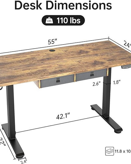 Standing Desk with 2 Drawers, Adjustable Height Electric Desk with Storage, 55 x 24 Inches Sit Stand Up Computer Table for Work Office Home, Rustic Brown - LeafyLoom