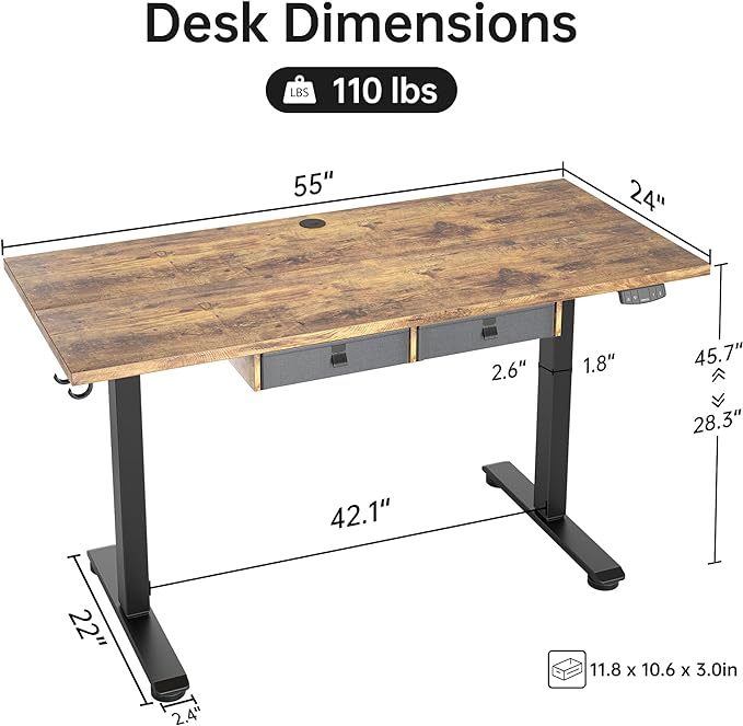 Standing Desk with 2 Drawers, Adjustable Height Electric Desk with Storage, 55 x 24 Inches Sit Stand Up Computer Table for Work Office Home, Rustic Brown - LeafyLoom