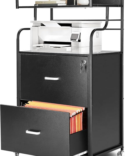 Vertical File Cabinet, 2 Drawer Mobile Filing Cabinet with 1 Bookshelf, Printer Stand with Open Storage Shelves Fits A4/Letter/Legal Size File Cabinets for Home Office Organizer, Black - LeafyLoom