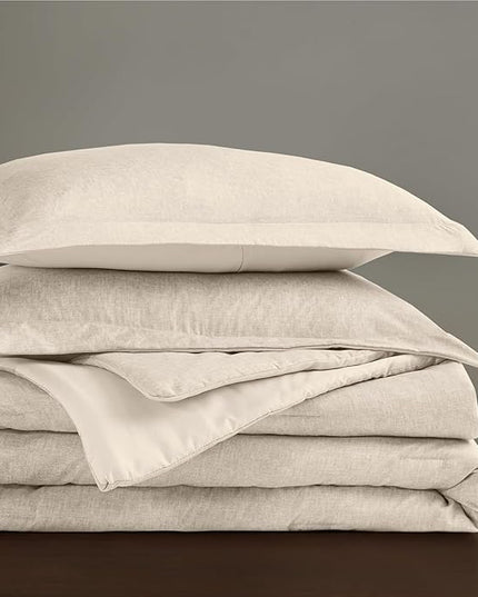 Beige Comforter Set Queen Size - Taupe Soft Luxury Chambray Printed, All Season Lightweight Breathable Bedding Set, 3 Pieces Including 1 Comforter and 2 Pillow Shams - LeafyLoom