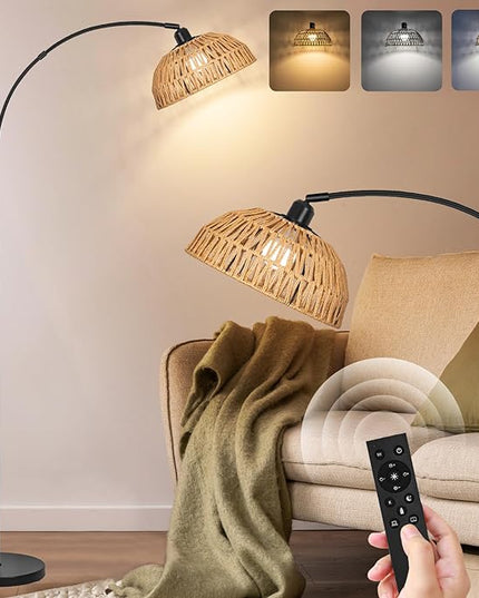 Rattan Floor Lamp- Modern Black Standing Floor Lamps with Remote Control and Stepless Dimmable Bulb, Hand-Worked Adjustable Rattan Lamp Shades Bohemian Floor Lamps for Living Room, Bedroom, Office - LeafyLoom