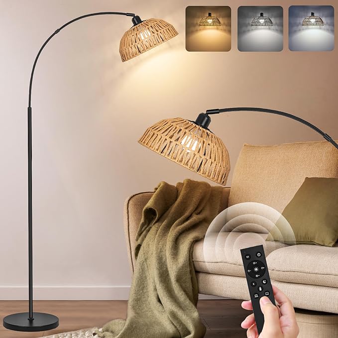 Rattan Floor Lamp- Modern Black Standing Floor Lamps with Remote Control and Stepless Dimmable Bulb, Hand-Worked Adjustable Rattan Lamp Shades Bohemian Floor Lamps for Living Room, Bedroom, Office - LeafyLoom
