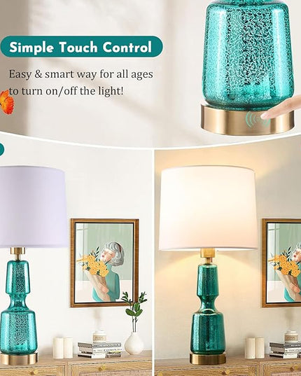 Touch Table Lamp Set of 2, Glass Table Lamps with Brass Gold Base Touch Control, Modern Tall Table Lamps for Bedroom Bedside Nightstand Living Room End Table, Bulbs Included, 24” - LeafyLoom