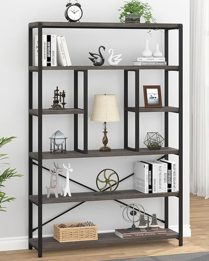 LVB Industrial Tall Bookshelf, Modern Wood Metal 6 Tier Book Shelf, Farmhouse Large 6 Shelf Etagere Bookcase, Open Wide Storage Bookshelves and Bookcases for Bedroom Living Room Office, Dark Gray Oak - LeafyLoom