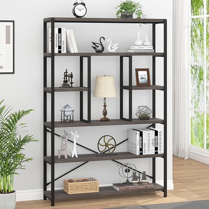 LVB Industrial Tall Bookshelf, Modern Wood Metal 6 Tier Book Shelf, Farmhouse Large 6 Shelf Etagere Bookcase, Open Wide Storage Bookshelves and Bookcases for Bedroom Living Room Office, Dark Gray Oak - LeafyLoom