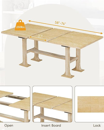 76Inch Dining Table Set for 6, Extendable Dining Table with 18inch Removable Leaf and Upholstered Dining Chair and Bench for Dining Room, Natural+Light Grey - LeafyLoom