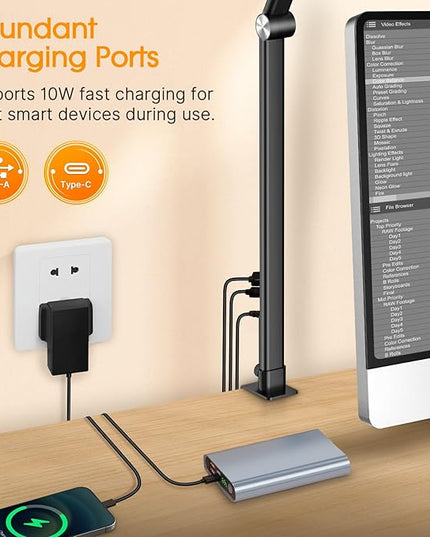 Syrinx Desk Lamp, Architect Desk Lamps for Home Office with Gesture Sensor Switch, 24W Bright Double Head Table Lamp with Clamp, Touch Control, Timer, 5 Dimming and 3 Tempering LED Desk Light - LeafyLoom