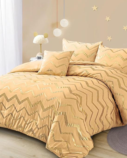 Yellow Gold Comforter Set Queen Size Metallic Bedding Set for Girls Lightweight Microfiber Comforter Set,4 Piece (2 Matching Sham + 1 Decorative Pillow) - LeafyLoom
