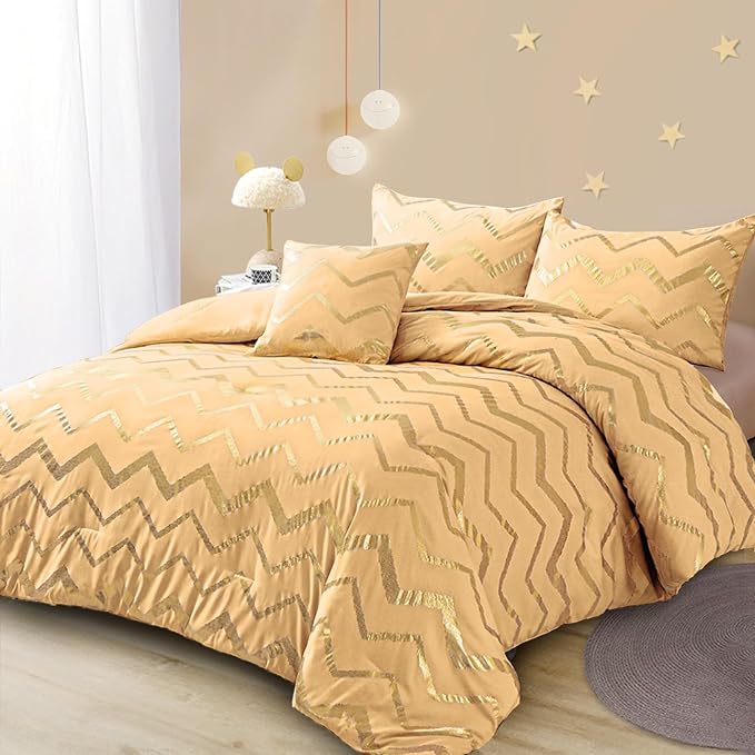Yellow Gold Comforter Set Queen Size Metallic Bedding Set for Girls Lightweight Microfiber Comforter Set,4 Piece (2 Matching Sham + 1 Decorative Pillow) - LeafyLoom