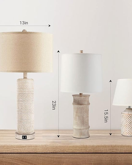 Set of 2 Contemporary Table Lamp, Ceramic Bedside Lamps with 3 Color Temperature, 27.5'' Nightstand Lamp Sets with USB Ports Linen Fabric Shade End Table Lamps for Living Room Bedroom, Bulb Included - LeafyLoom