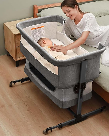 Baby Crib,3 in 1 Baby Bassinet Bedside Crib Adjustable Portable Bed for Infant,Baby Newborn Must Have Bed,Grey - LeafyLoom