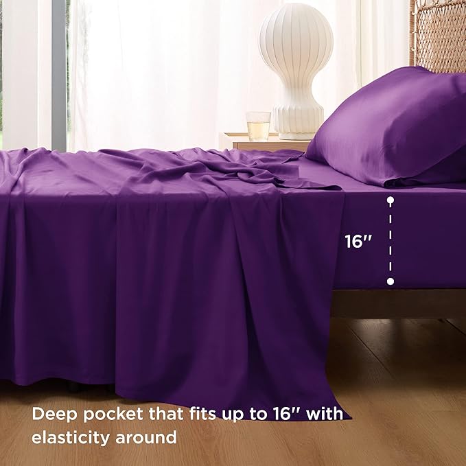Bedsure Twin XL Sheet Set Dorm Bedding, Cooling Sheets Twin Extra Long Sheets, Rayon Derived from Bamboo, Deep Pocket Up to 16", Hotel Luxury Silky Bedding Sheets & Pillowcases, Plum - LeafyLoom