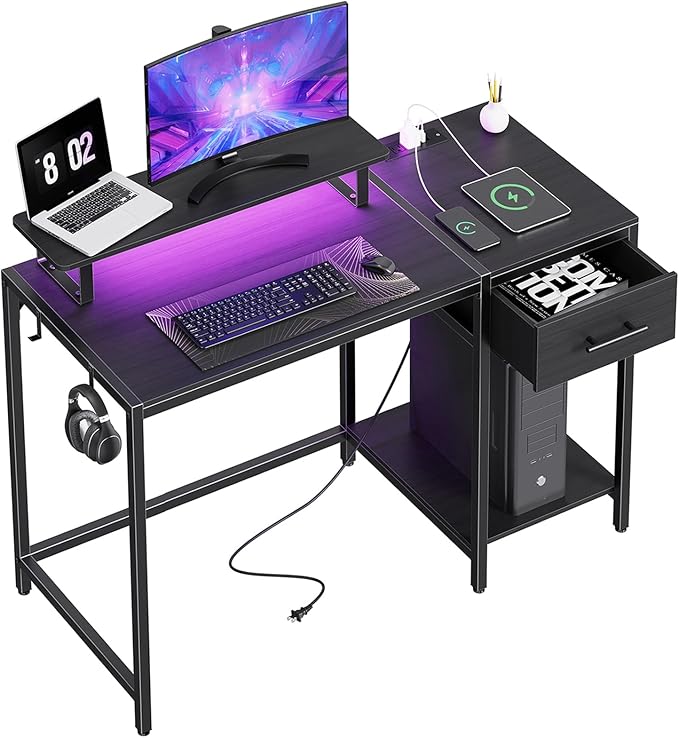Gaming Desk with Led Lights & Power Outlets, 40 Small Gaming Computer Desk with Drawers, Reversible Gamer Desk with Monitor Stand,Work for Home Office,Writing Study Table for Bedroom,Black - LeafyLoom