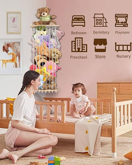 Corner Stuffed Animal Storage Wood Plush Toys Hanging Organizer Length Adjustable Stuffed Animal Holder with Moon Star Pattern Kids Toy Shelf Large Toy Storage for Nursery Playroom Bedroom Furniture - LeafyLoom