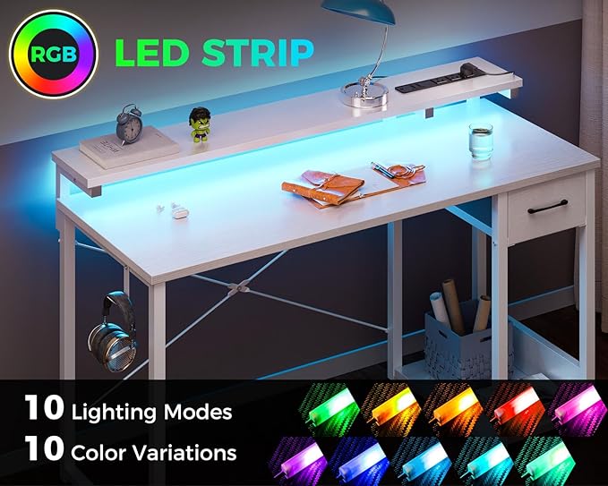 AODK Gaming Desk with LED Lights & Power Outlet, 48 Inch Computer Desk with Drawer, Reversible Desk with Adjustable Monitor Shelf & Headphone Hook for Home Office, White - LeafyLoom
